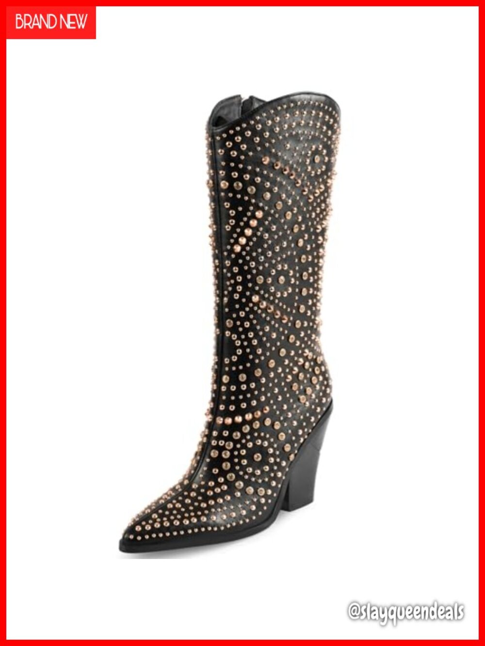 Pointed Toe Studded Chunky Heel Mid-Calf Boots Faux Leather Party